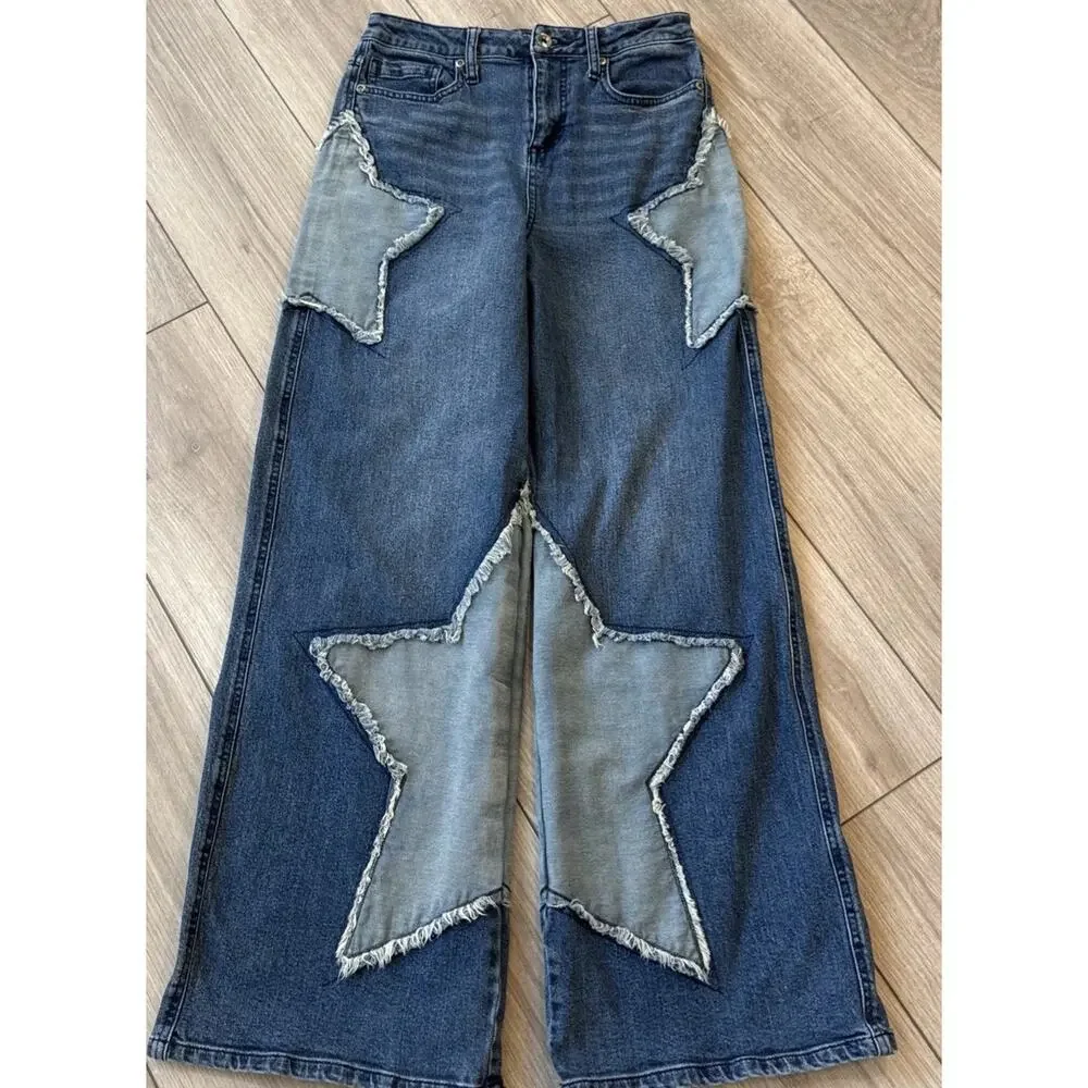 Hot Topic Star Patchwork Wide Leg Blue Denim Jeans Skate Alt Y2K Retro size 5